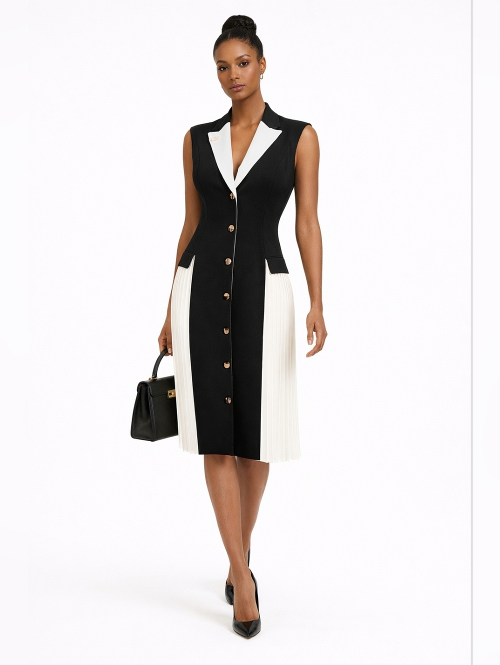 JOSEPH & EREN Paris Black White Pleated Dress Contrast Lapel Button Front US 10 - Picture 4 of 15